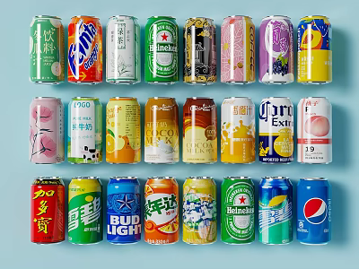 Colorful Assorted Beverage Cans With Various Flavors And Brands Displayed On Light Blue Background 3d model