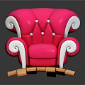 Pink Single Sofa with White Trim and Decorative Buttons on Wooden Platform against Black Background