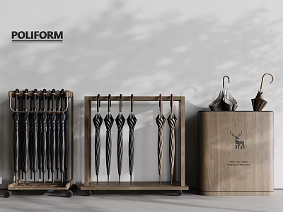 Elegant Modern Umbrella Stands With Various Umbrellas And Wooden Storage Box 3d model
