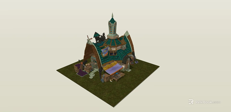 Fairy Tale Cottage With Pointed Green Brown Roof And Decorative Objects On Grass 3d model 