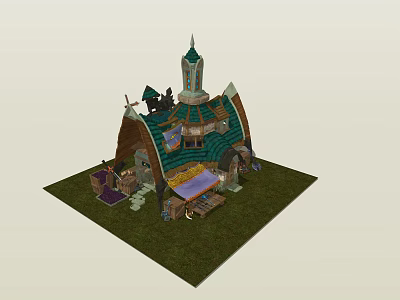 Fairy Tale Cottage With Pointed Green Brown Roof And Decorative Objects On Grass 3d model