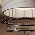 Modern Sales Office Interior With Circular Chandelier Bar Counter High Stools And Display Shelves