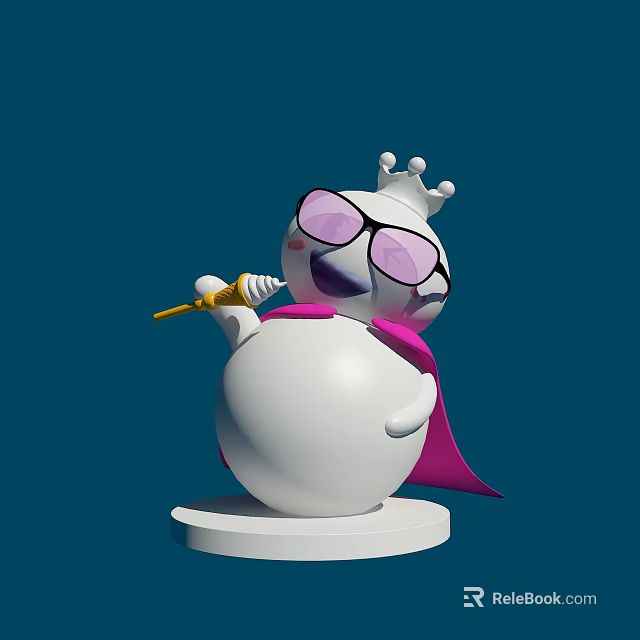 White Cartoon Character On White Base With Crown Purple Glasses Pink Cape And Golden Trumpet 3d model 