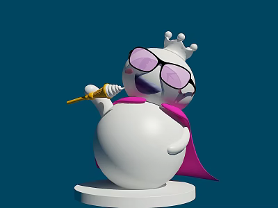 White Cartoon Character On White Base With Crown Purple Glasses Pink Cape And Golden Trumpet 3d model