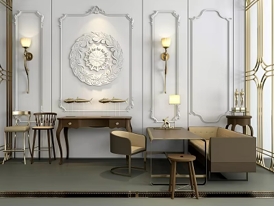 Elegant Luxury Dining Table Interior With Carved Wall Panels And Golden Wall Sconces 3d model