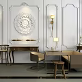 Elegant Luxury Dining Table Interior With Carved Wall Panels And Golden Wall Sconces