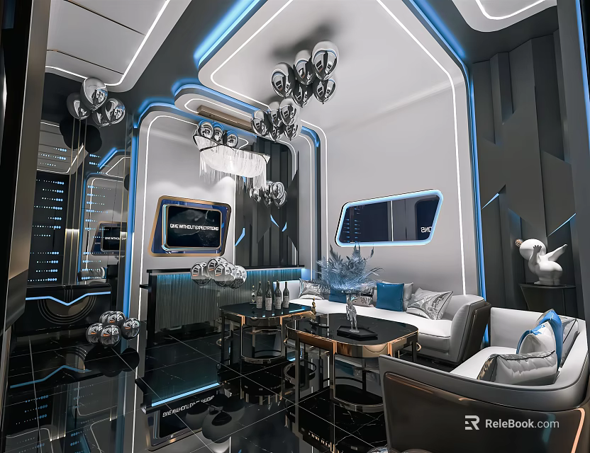 Modern KTV Interior Design With Blue LED Lighting Mirrored Walls And Comfortable Sofa Seats 3d model 