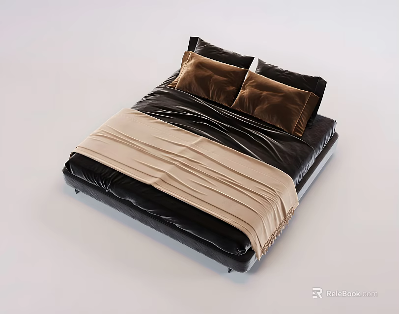 Modern Double Bed Interior With Black Frame Brown Pillows And Beige Blanket 3d model