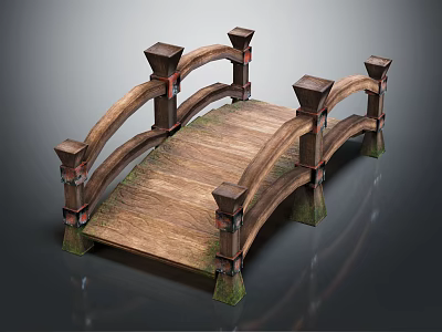 Wooden Bridge With Curved Deck Side Railings Square Pillars And Supporting Structures 3d model