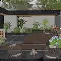 Lush Garden Courtyard Design With Wooden Deck Fire Pit Dining Set And Lush Green Plants