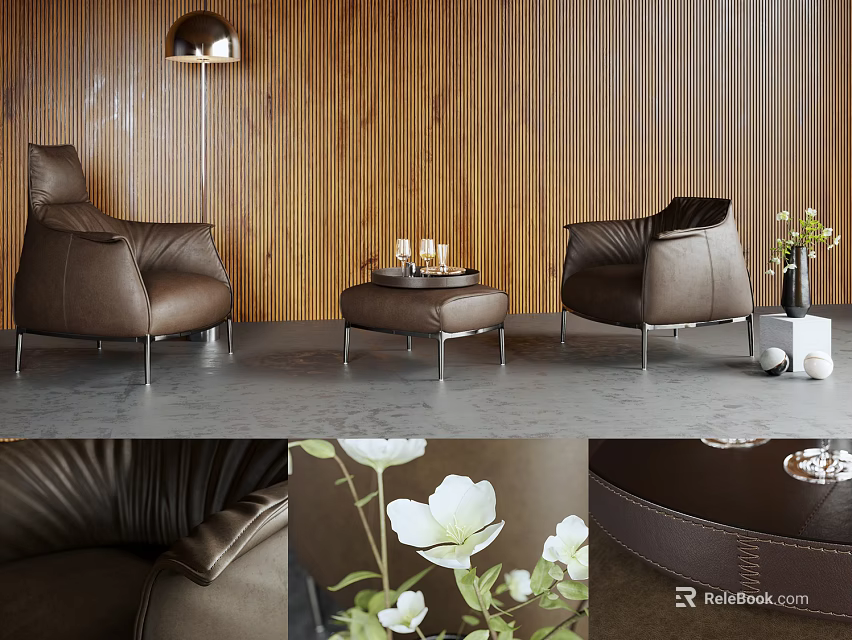 Brown Leather Armchairs In Living Room With Wooden Wall Coffee Table And White Flowers 3d model 