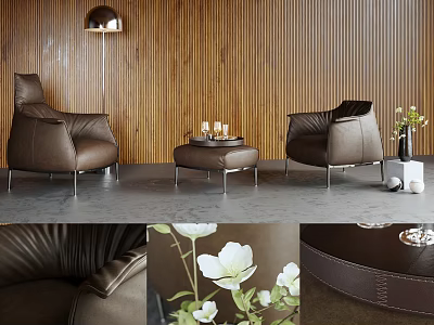 Brown Leather Armchairs In Living Room With Wooden Wall Coffee Table And White Flowers 3d model