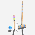 Croquet Sports Equipment Including Wooden Mallet Colored Stake Blue Ball and Wicket