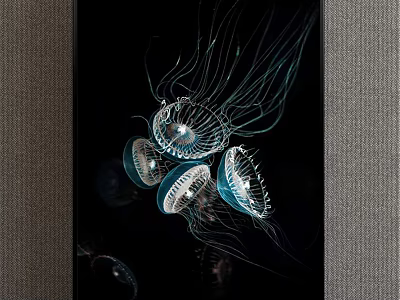 Multiple Glowing Transparent Jellyfish With Blue Tentacles Floating On Black Background 3d model