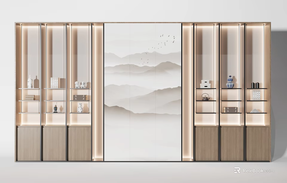 Modern Chinese Decorative Cabinet With Central Mountain Painting And Glass Door Display Shelves 3d model 