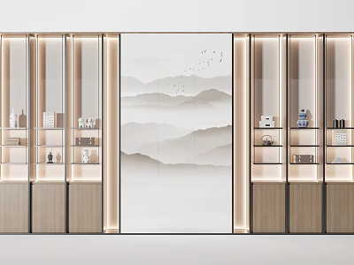 Modern Chinese Decorative Cabinet With Central Mountain Painting And Glass Door Display Shelves 3d model