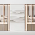 Modern Chinese Decorative Cabinet With Central Mountain Painting And Glass Door Display Shelves