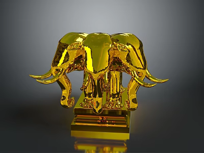 Golden Three Headed Elephant Sculpture As Ornate Furniture Decor Piece With Detailed Base 3d model