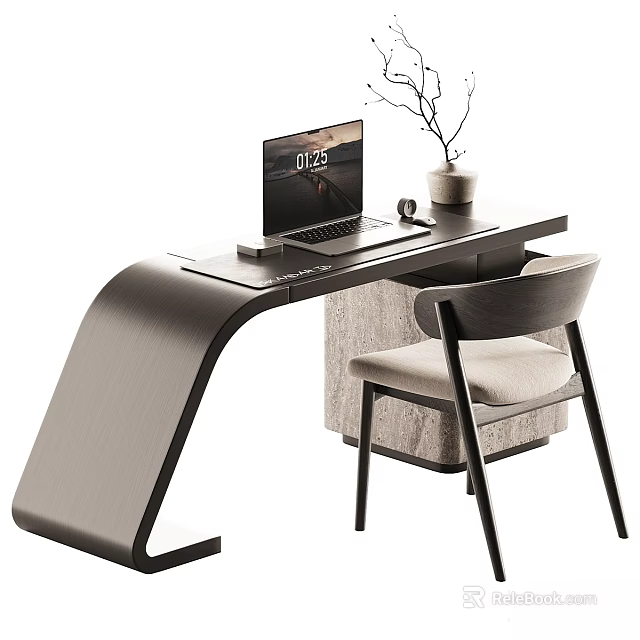 Modern Wooden Desk Chair Set with Laptop Vase and Cup in Sleek Home Office Design 3d model 
