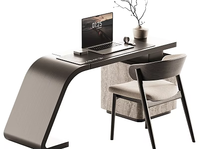 Modern Wooden Desk Chair Set with Laptop Vase and Cup in Sleek Home Office Design 3d model