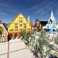 Scenic Public Square With Traditional Buildings Colorful Artworks Domes And Mountain Views
