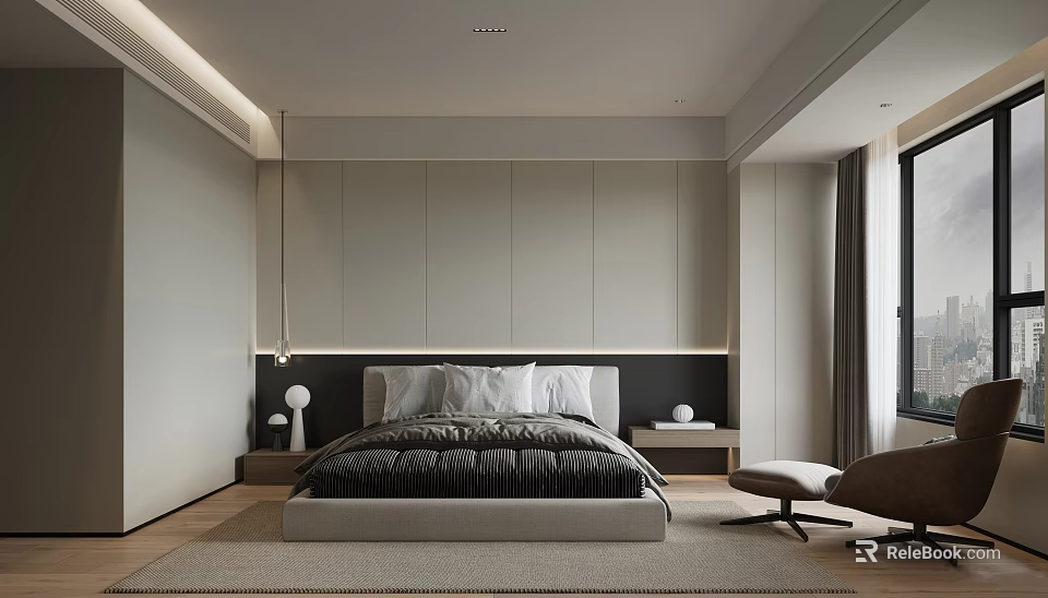 Modern Minimalist Bedroom Interior With King Size Bed Built in Wardrobe Nightstand And Area Rug 3d model 