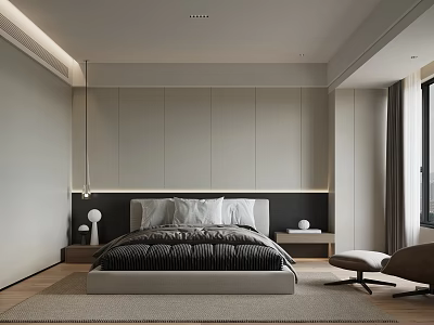 Modern Minimalist Bedroom Interior With King Size Bed Built in Wardrobe Nightstand And Area Rug 3d model