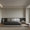 Modern Minimalist Bedroom Interior With King Size Bed Built in Wardrobe Nightstand And Area Rug