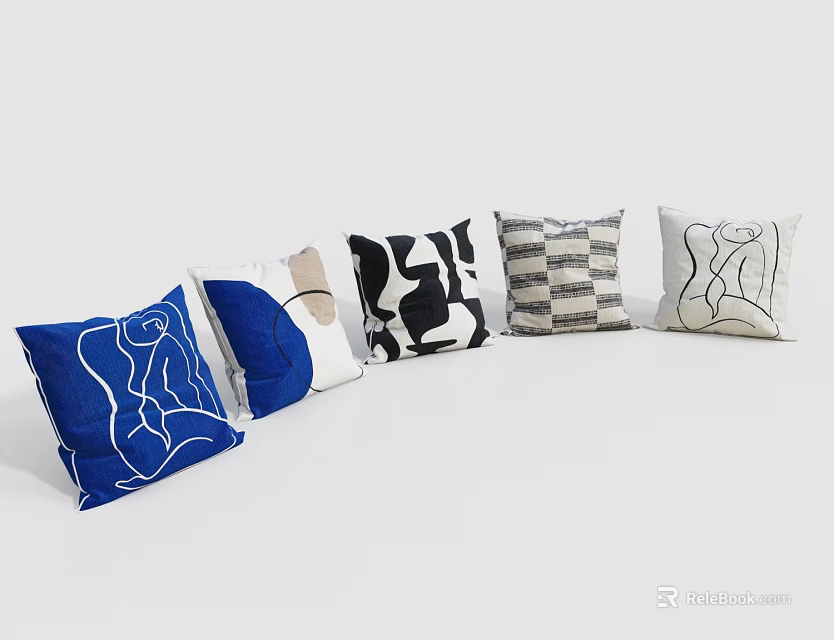 Decorative Pillows Featuring Abstract Line And Geometric Patterns In Blue White Black Tones 3d model