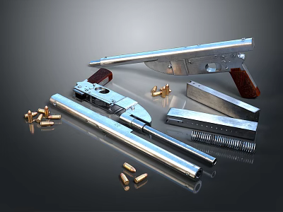 Chrome Firearms Collection Including Revolver Semi Automatic Pistol Bullets And Magazines 3d model