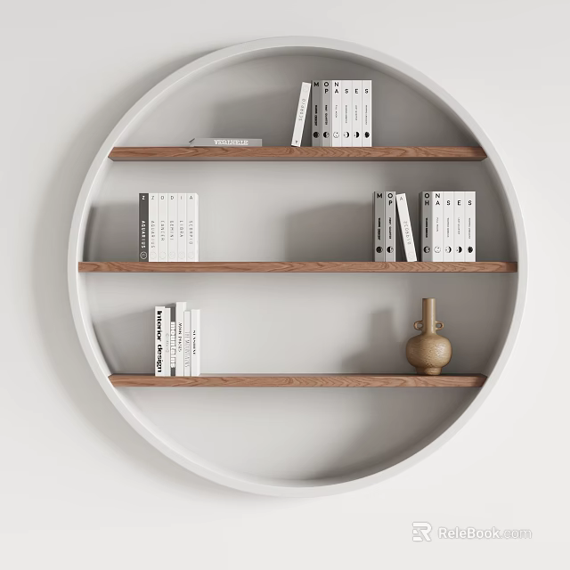 Modern Circular Wall Cabinet With Three Wooden Shelves Books And Decorative Vase 3d model 