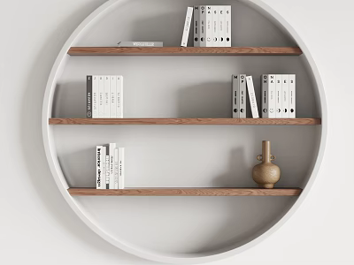 Modern Circular Wall Cabinet With Three Wooden Shelves Books And Decorative Vase 3d model