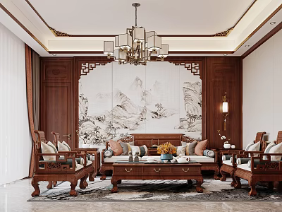 Traditional Chinese Living Dining Room With Mahogany Furniture Landscape Painting Wall And Chinese Chandelier 3d model