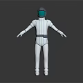 3D Astronaut Character In White Spacesuit With Blue Helmet Standing On Gray Background