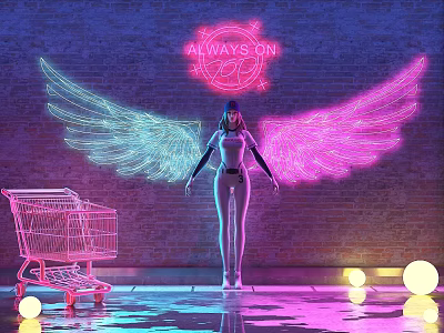 Wing Shaped Neon Decorative Lights with Always On Sign and Glowing Spheres on Brick Wall 3d model