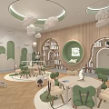 Kindergarten Classroom Interior With Cloud Decor Bookshelves Circular Windows And Green Plants