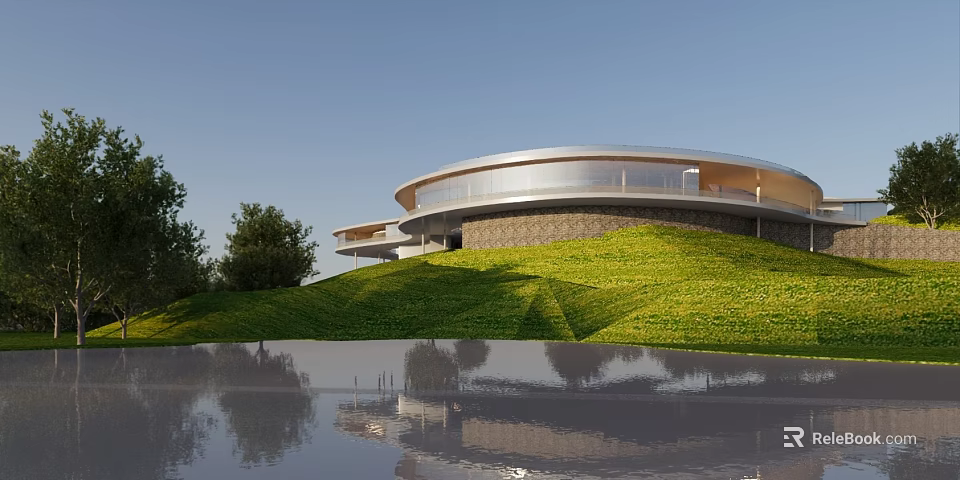 Modern Circular Hotel Building With Glass Facade Green Lawn And Water Reflection 3d model 