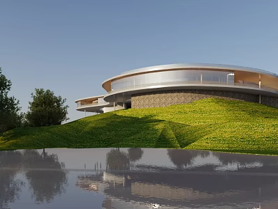 Modern Circular Hotel Building With Glass Facade Green Lawn And Water Reflection 3d model