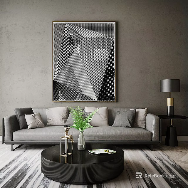Gray Sofa Coffee Table Combination with Cushions Green Plant Floor Lamp and Geometric Wall Art 3d model 