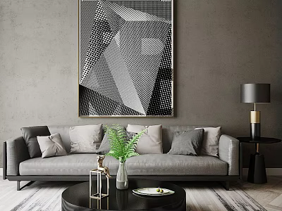Gray Sofa Coffee Table Combination with Cushions Green Plant Floor Lamp and Geometric Wall Art 3d model
