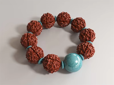 Elegant Handmade Bracelet With Natural Red Rudraksha Beads And Turquoise Accent 3d model