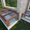 Modern Glass Roof Sunroom Design With Stone Wall And Green Grass Area