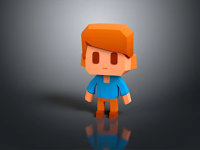 3D Cartoon Man Model With Orange Hair Blue Shirt Orange Pants And Reflection 3d model