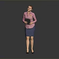 Woman In Pink Striped Shirt And Blue Skirt Holding Black Notebook Standing Against Gray Background