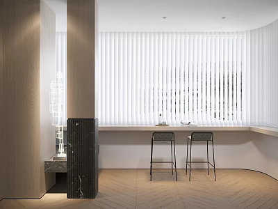 Modern Home Balcony Design With White Blinds Counter Stools And Wooden Floor 3d model