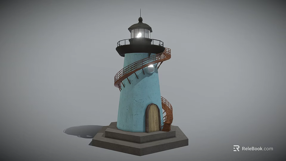 Light Blue Lighthouse Tower with Spiral Staircase Wooden Door and Illuminated Top on Gray Base 3d model 
