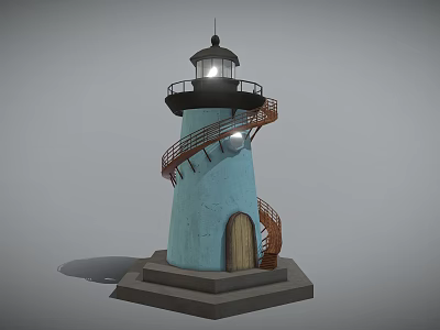Light Blue Lighthouse Tower with Spiral Staircase Wooden Door and Illuminated Top on Gray Base 3d model