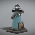Light Blue Lighthouse Tower with Spiral Staircase Wooden Door and Illuminated Top on Gray Base