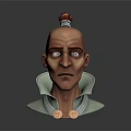 3D Character With Bald Head Red Topknot Blue Eyes Green Collar And Neck Buttons