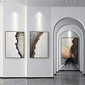 Art Gallery Exhibition Space Featuring Modern Paintings With Archway And Wall Lighting